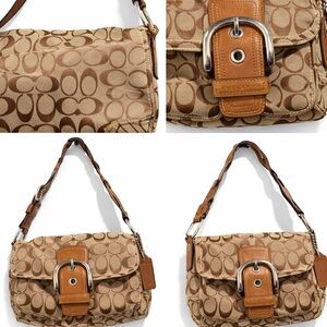 Vintage Coach Signature Canvas Shoulder Bag – Tan & Brown Buckle Flap Purse